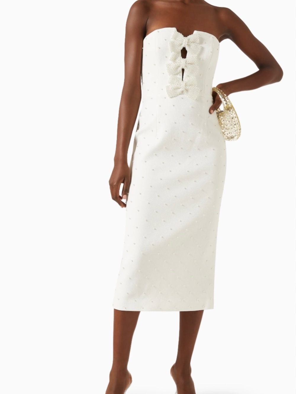Rebecca Vallance Strapless White Midi Dress with Pearl Bow Detail